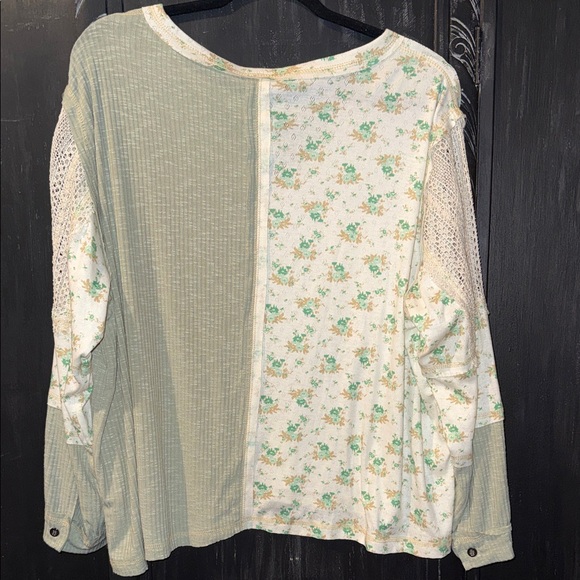 POL Women's Patchwork Blouse - Sage and Cream - Picture 13 of 14